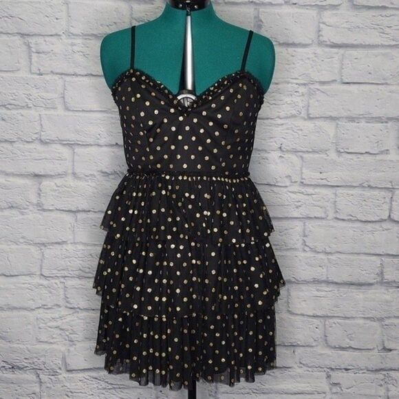 Lulus twinkle of my eye black gold polka dot tiered tulle cocktail dress Medium - Picture 2 of 11
